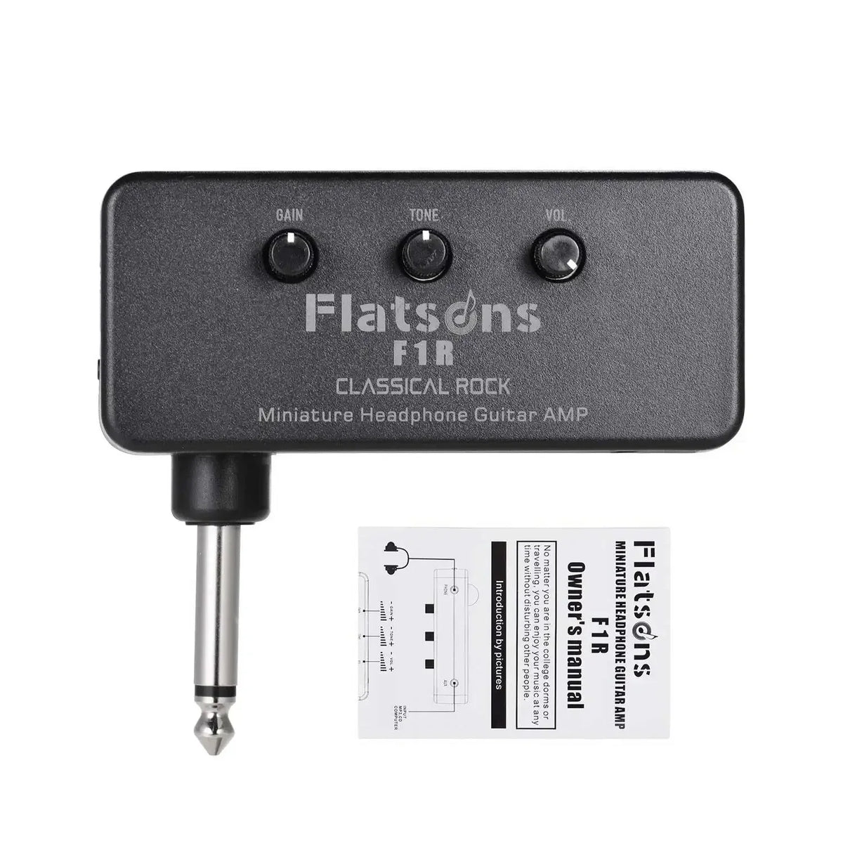 A black Flatsons F1R miniature headphone guitar amp with gain tone and volume controls.
