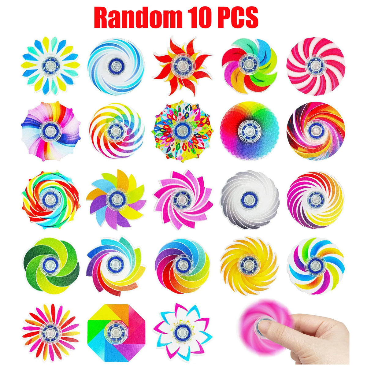 A collection of ten colorful mini fidget spinners featuring various rainbow and multi-colored designs.
