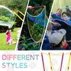 A collection of colorful bubble wands and large bubbles being used for outdoor fun.