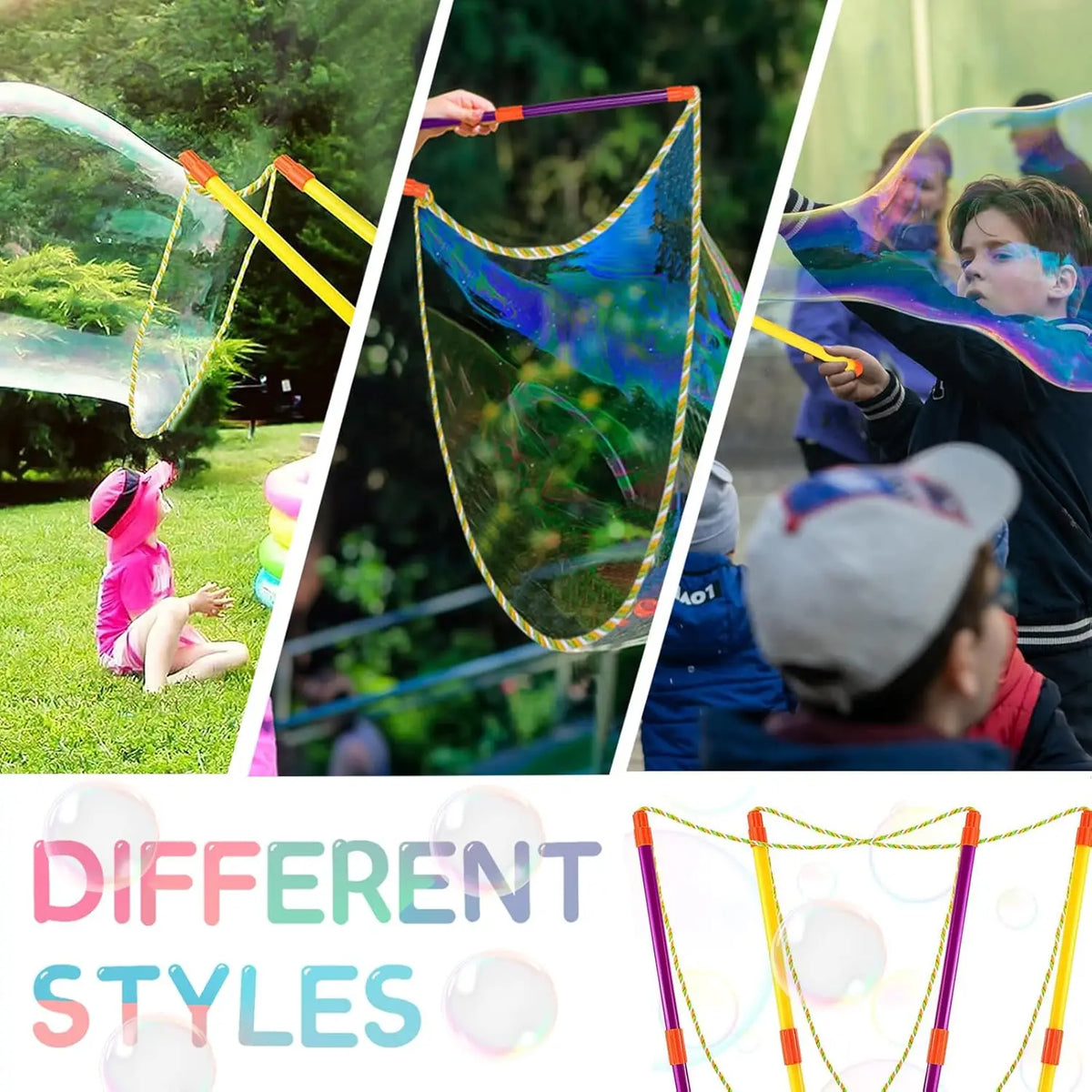 A collection of colorful bubble wands and large bubbles being used for outdoor fun.