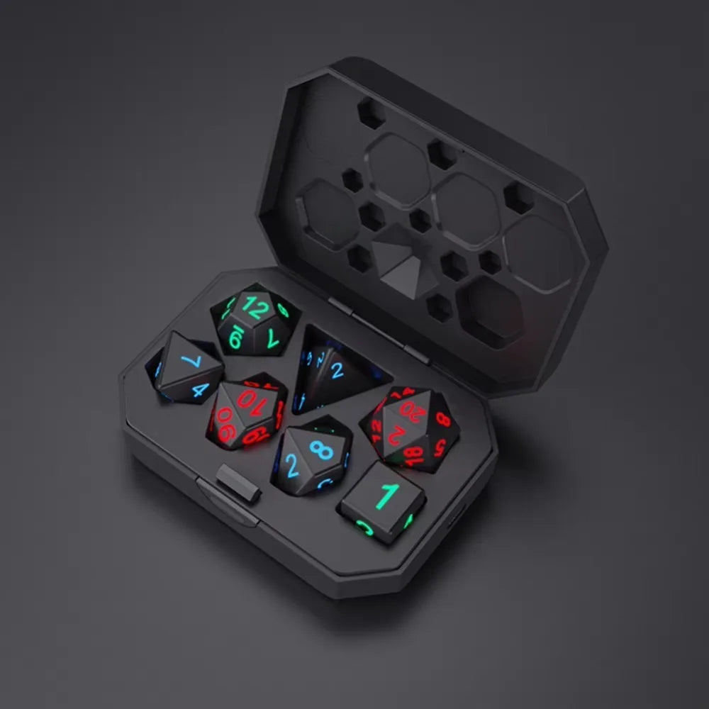A black box containing a set of rechargeable LED glow dice for tabletop gaming.