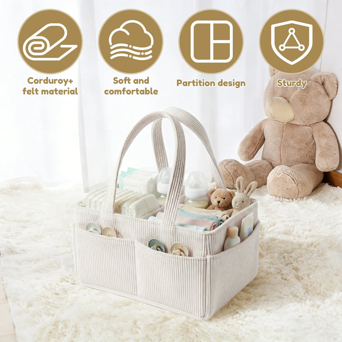 Corduroy Baby Diaper Caddy Organizer with Dividers