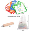 A set of 20 double-sided colored cards and a wooden stick puzzle for kids.