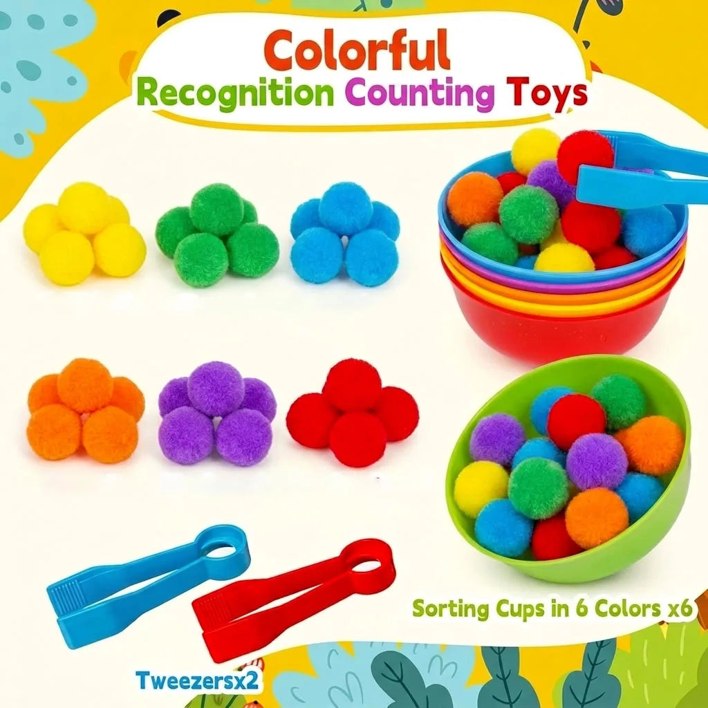 Colorful recognition counting toys including sorting cups and tweezers for kids