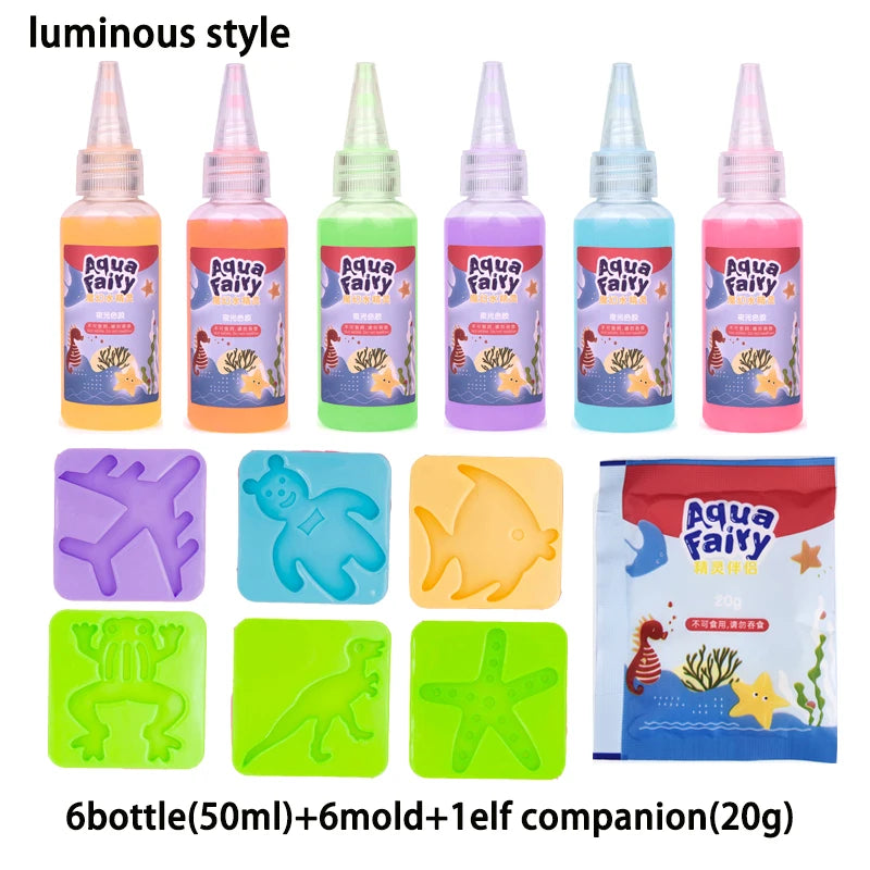 Six bottles of glow-in-the-dark Aqua Fairy liquid, six molds, and one elf companion for a DIY kit.