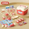 A set of 37 pretend play doctor tools and medical items in various colors displayed next to a pink carry case.