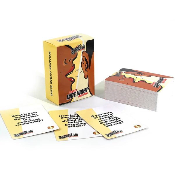 A box of Date Night Edition conversation starter cards and several loose cards are displayed on a white surface.