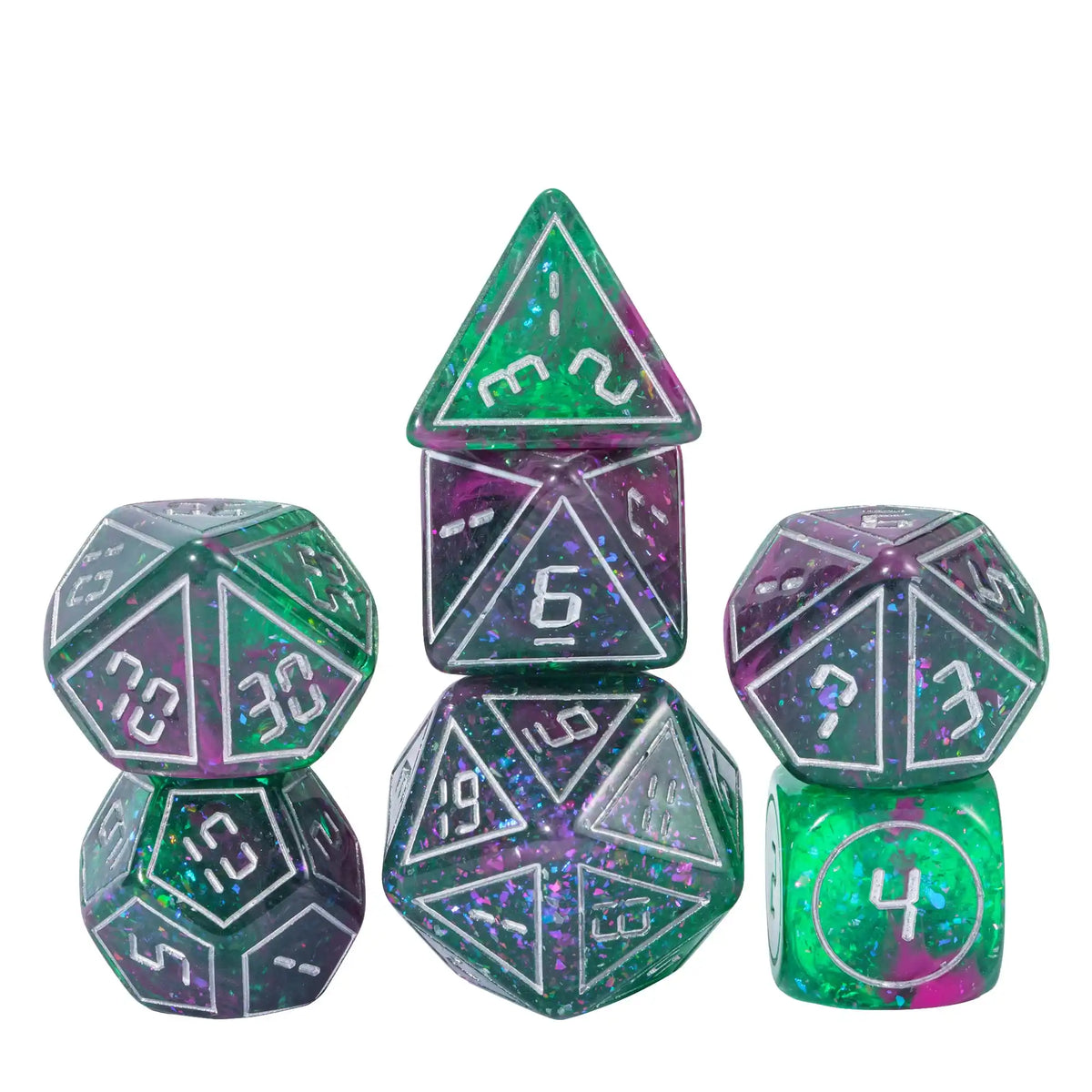 A set of seven resin polyhedral dice in various sizes and colors, including a pyramid die and a cube.