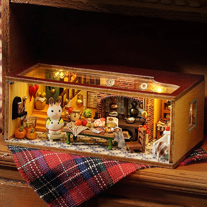 A wooden miniature dollhouse kit with a glass display showing a detailed interior scene.