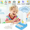 A child plays with a blue learning game featuring letter and number blocks for early education.