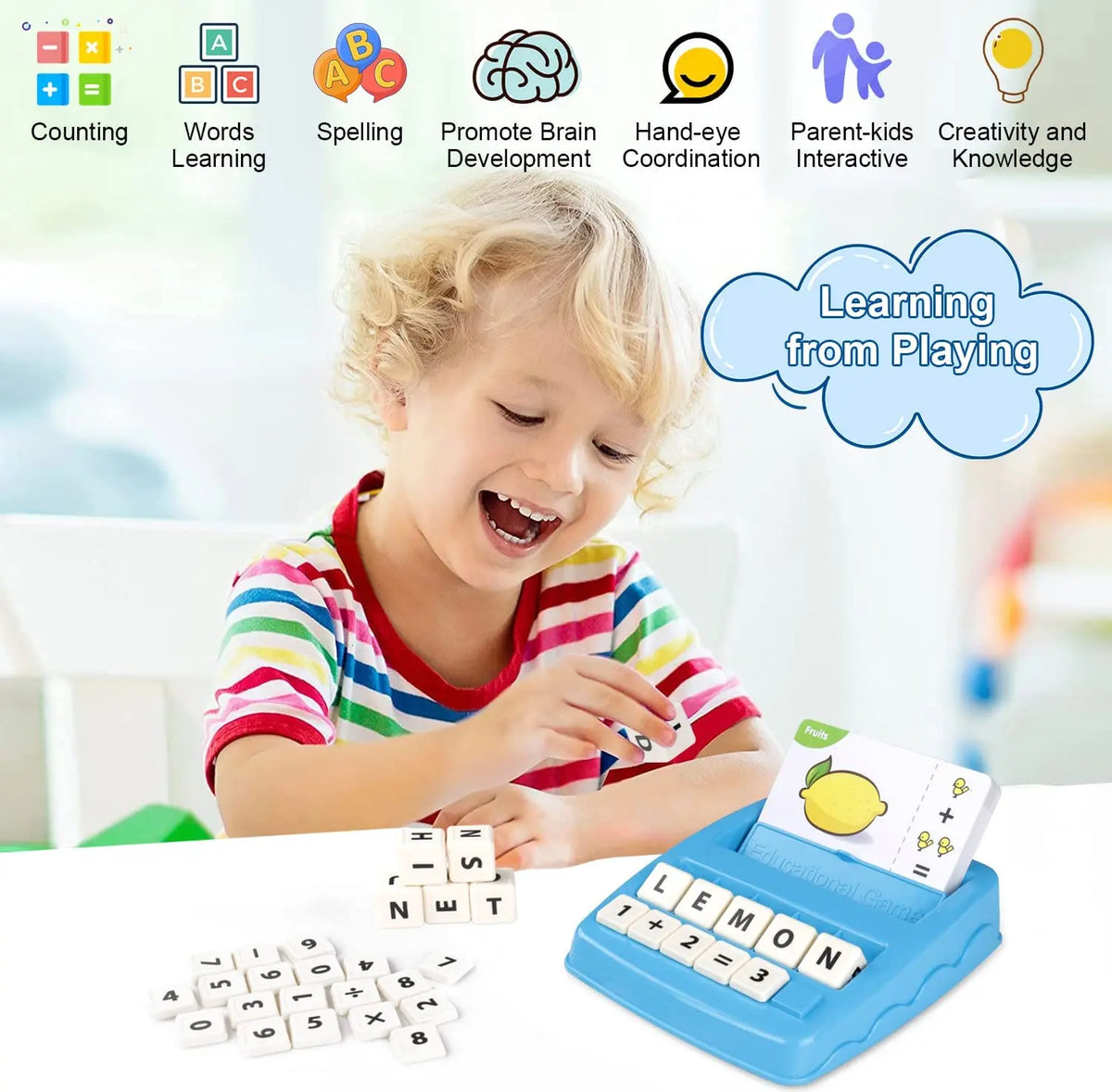 A child plays with a blue learning game featuring letter and number blocks for early education.