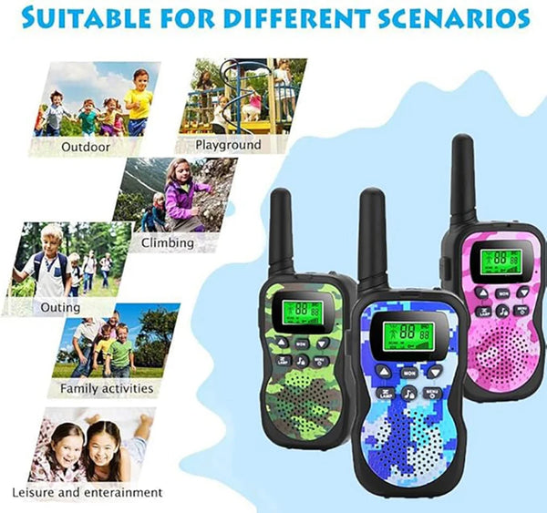 A set of pink and green dual-channel walkie talkies shown in various outdoor scenarios like a playground and leisure activiti
