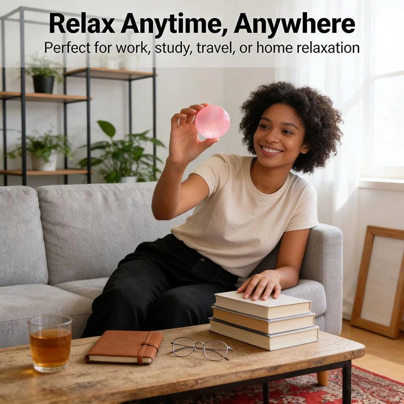 A smiling young woman holds a pink coconut oil squishy stress ball in a bright indoor setting.