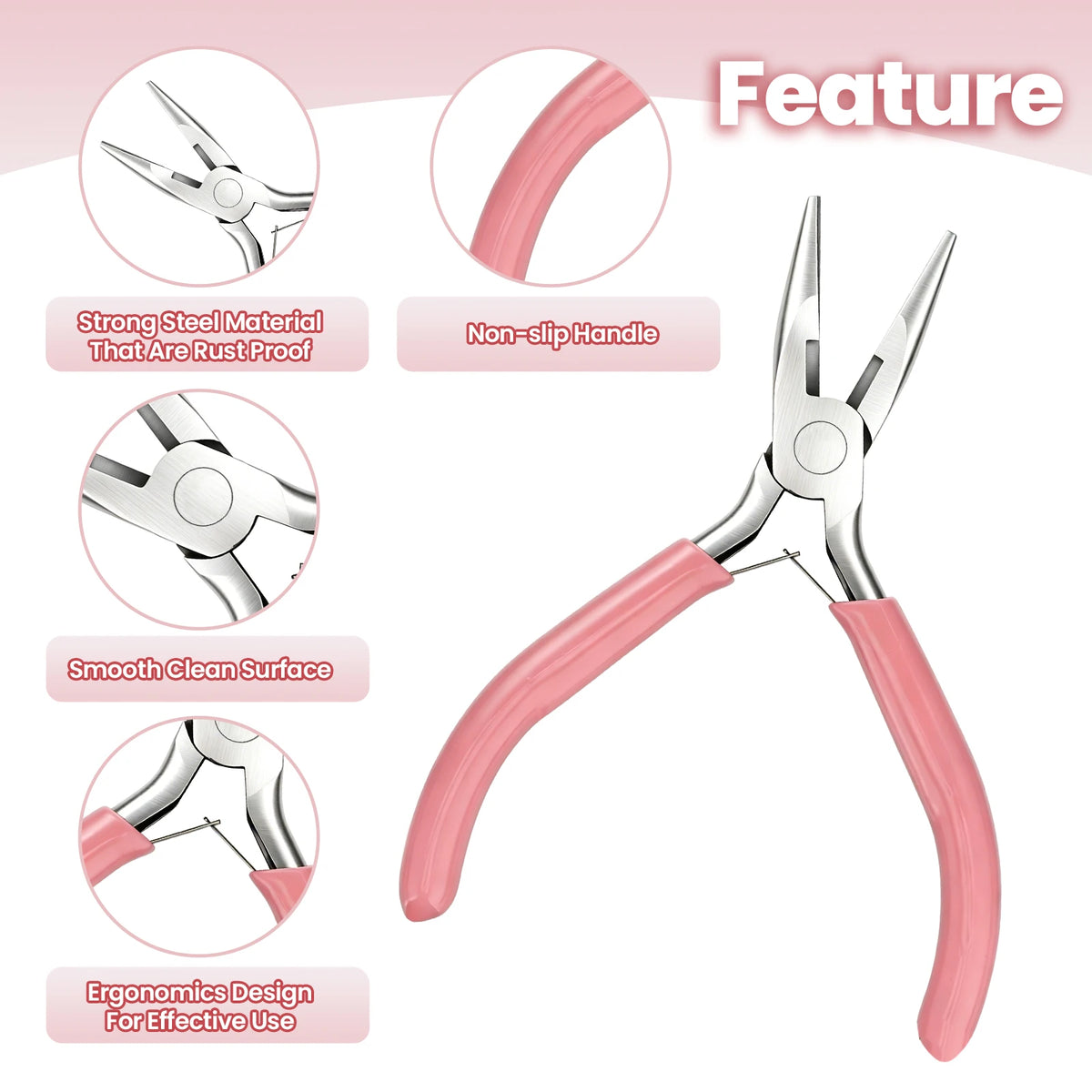 A set of pink jewelry making pliers and cutters with a non-slip handle and storage bag.