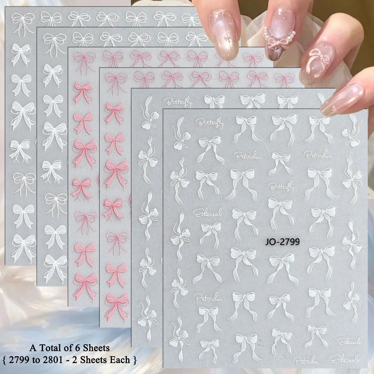 3D Bow Nail Stickers with Ribbon, Heart & Stripe Designs