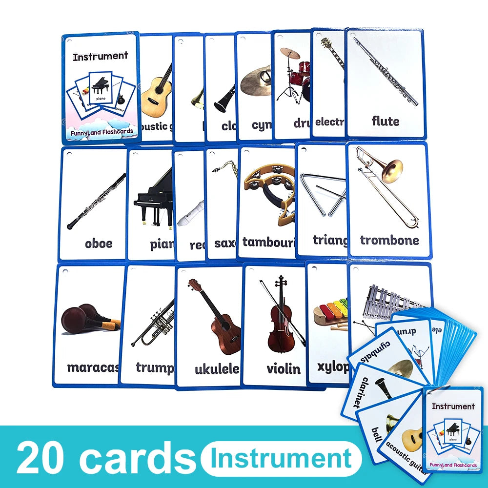 A set of 20 instrument flashcards featuring various musical instruments like a flute, oboe, guitar, and trumpet.