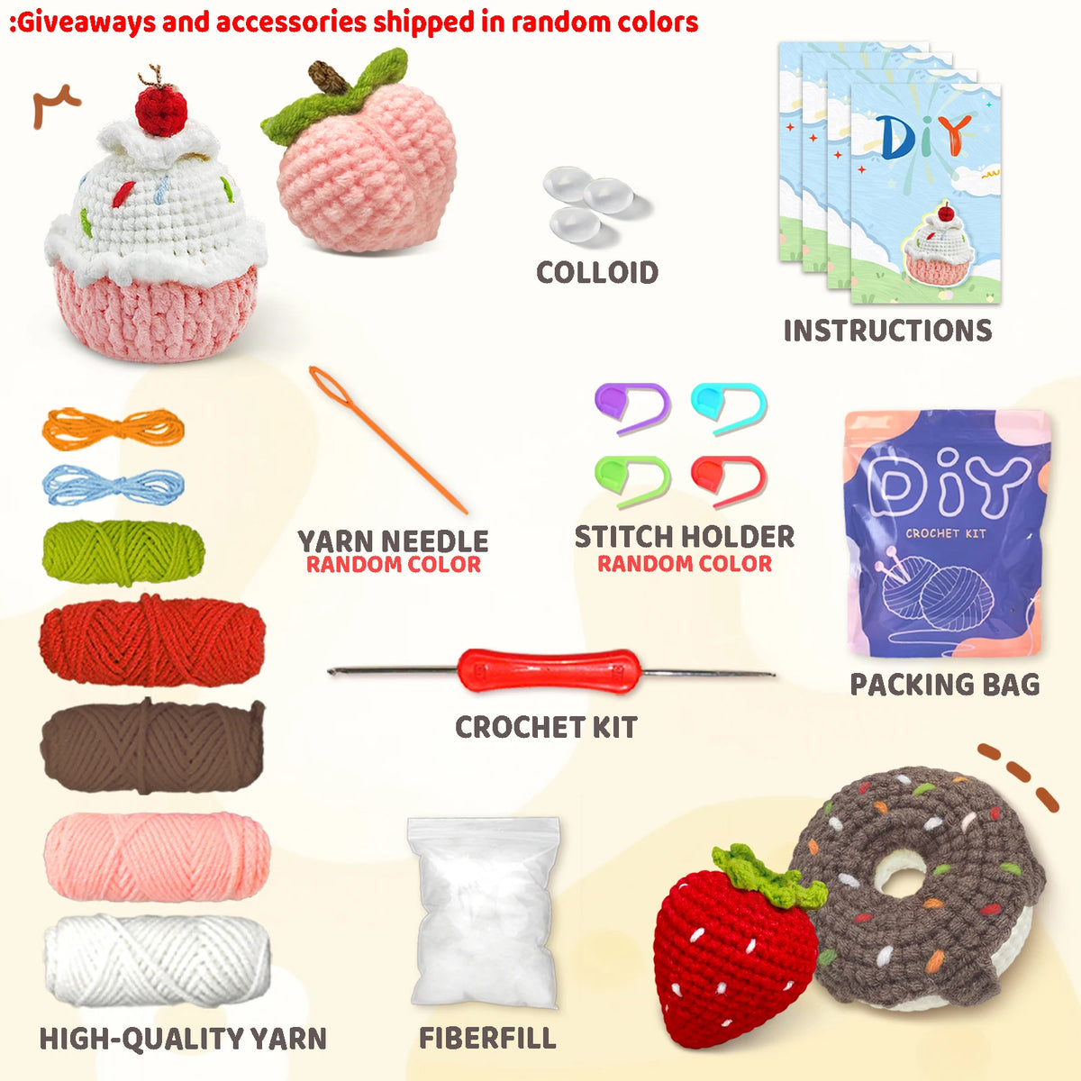 A beginner crochet kit featuring yarn, fiberfill, and accessories for making a DIY sweet point item.