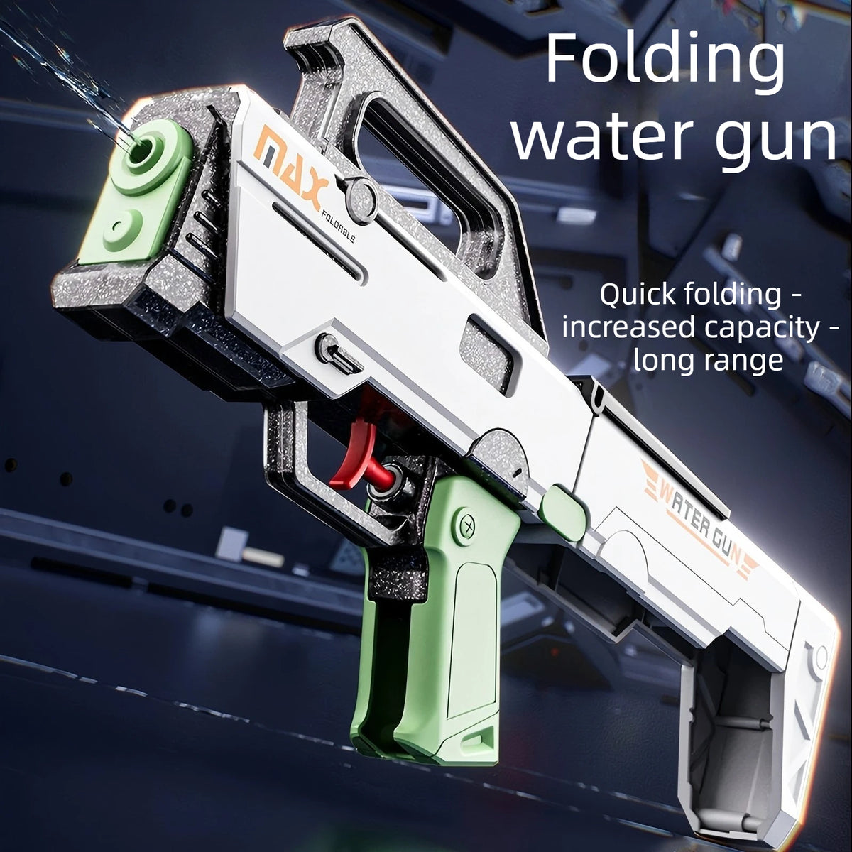 A white and black folding water gun is shown firing a stream of water in a dark, outdoor setting.