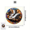 An artistic wooden jigsaw puzzle depicting a tabby cat with orange and black fur in a circular frame.