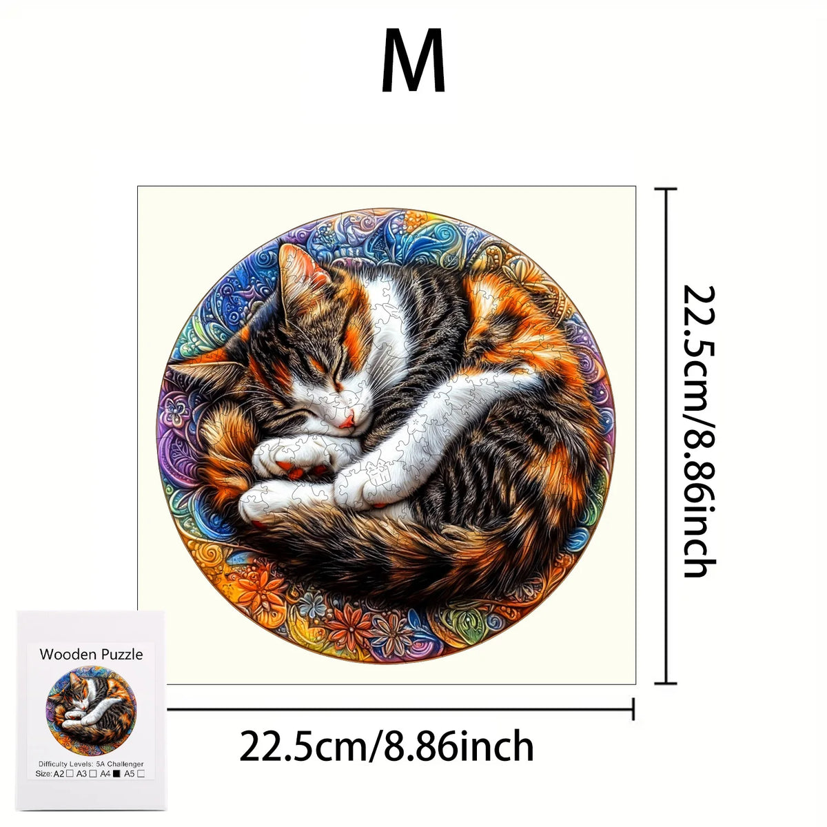An artistic wooden jigsaw puzzle depicting a tabby cat with orange and black fur in a circular frame.