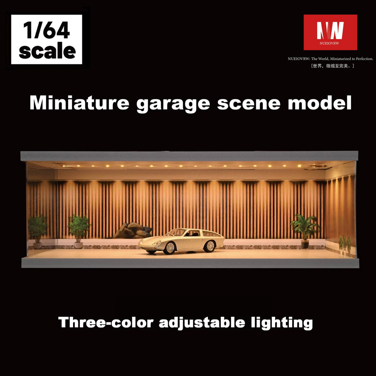 A miniature garage scene model featuring a car displayed under adjustable three-color lighting.