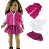 A doll wearing a pink velvet vest and skirt, with matching clothing items displayed separately.