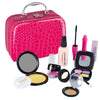 A pink crocodile-patterned makeup bag set with a mirror and various cosmetic products.