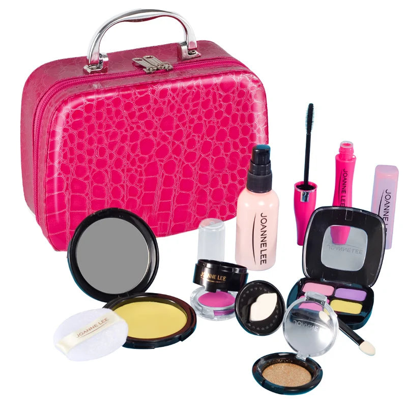 A pink crocodile-patterned makeup bag set with a mirror and various cosmetic products.