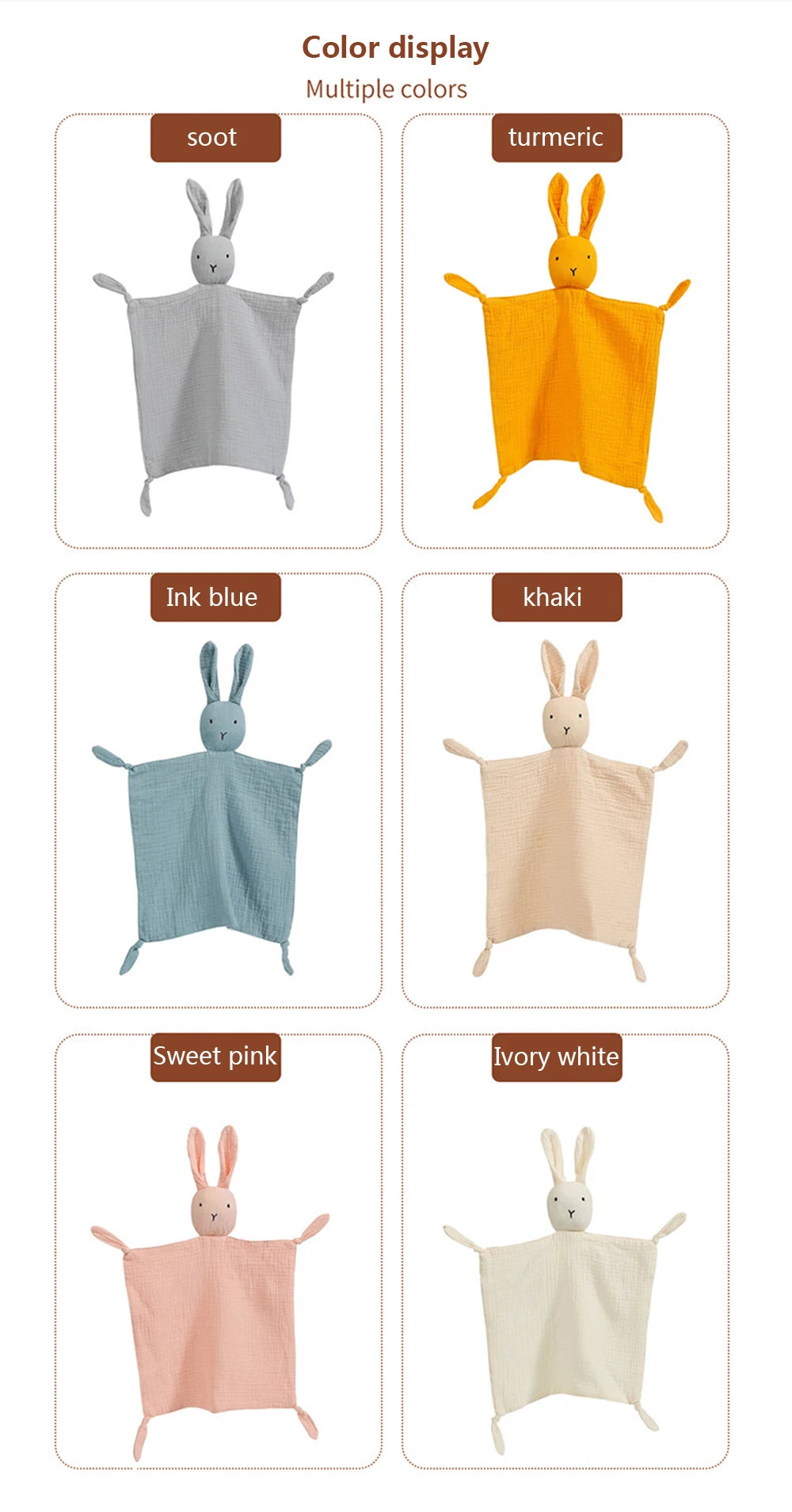 A collection of soft cotton muslin baby comforter blankets in various colors including soot, turmeric, ink blue, khaki, sweet