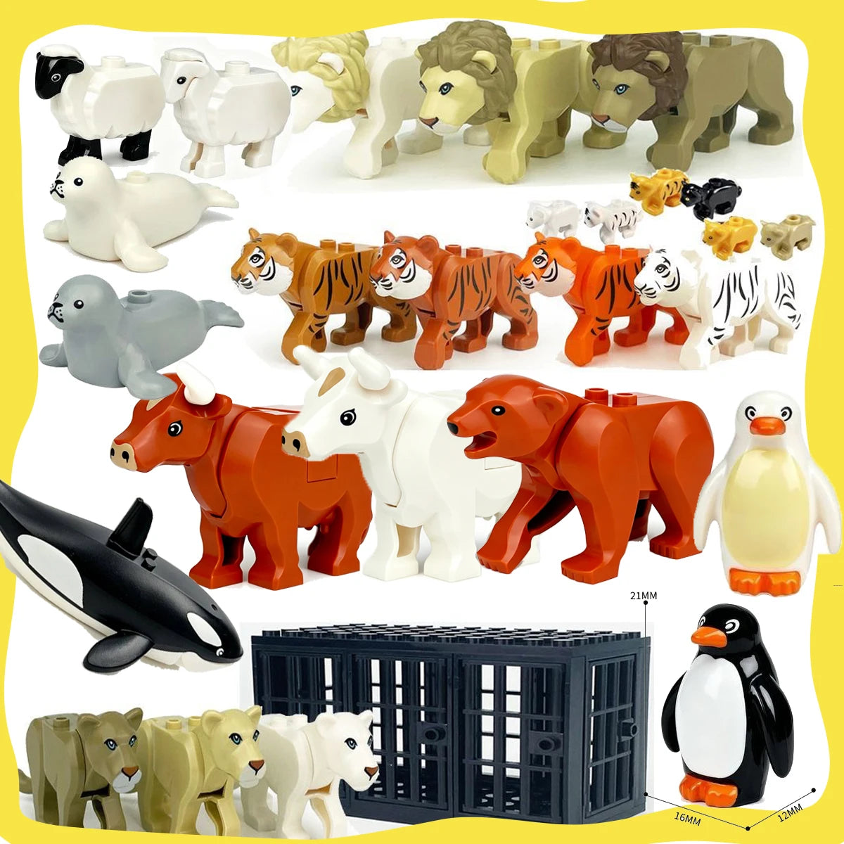 A collection of African wildlife animal building blocks featuring various animals like lions, zebras, elephants, and penguins