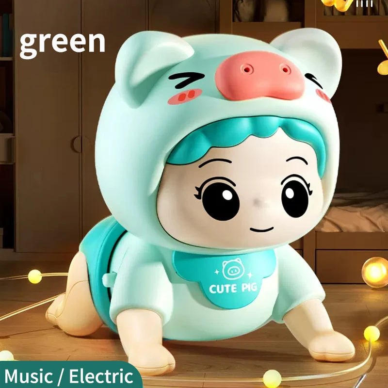 A green pig-shaped interactive baby crawling toy with large eyes and a hood is shown on a wooden surface.