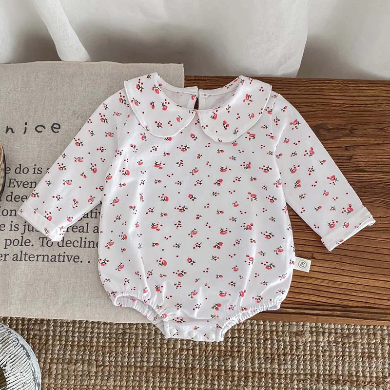Baby Girls Lace-Trim Cotton Romper with Floral Details
