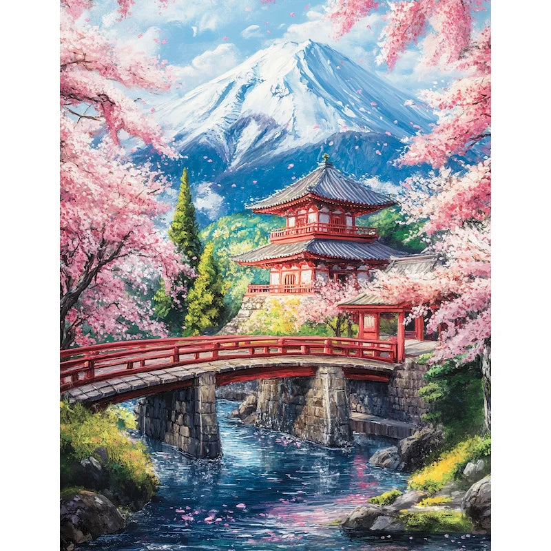 Cherry Blossom Paint by Numbers Kit for Adults – Japanese Scenery Art on Canvas