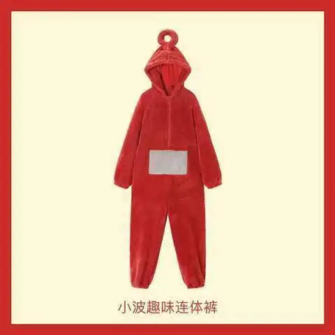 A red one-piece pajama costume inspired by Teletubbies for adults and kids.
