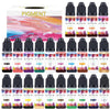A collection of various alcohol ink pigments in glass dropper bottles, showcasing a wide range of colors for crafting.