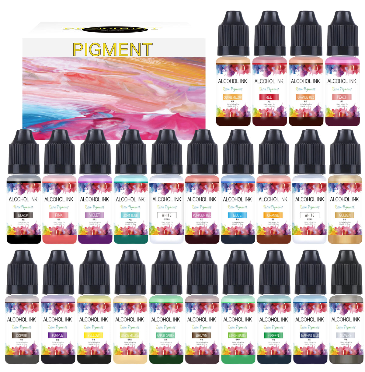 A collection of various alcohol ink pigments in glass dropper bottles, showcasing a wide range of colors for crafting.