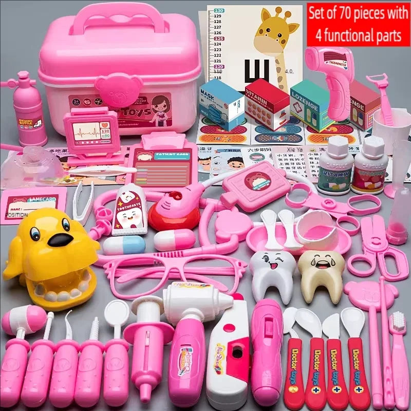 A colorful kids doctor role play kit featuring various medical tools, instruments, and a stethoscope for pretend play.