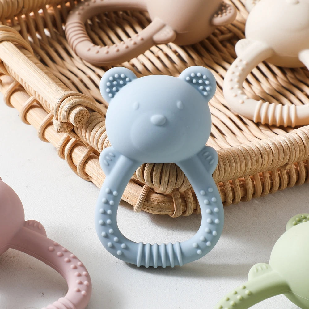 Bear-Shaped Silicone Baby Teether with Rattle Handle