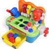 A kids interactive toy drill set with a workbench featuring orange and blue components.