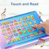 A hand interacts with an interactive learning tablet displaying colorful educational buttons for words, numbers, and music.