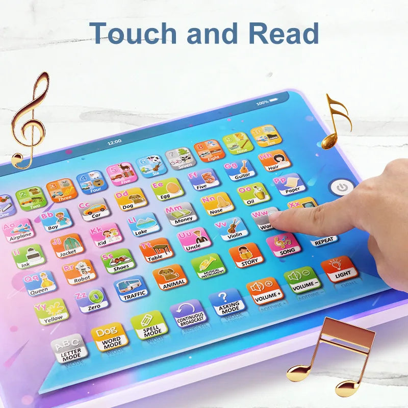 A hand interacts with an interactive learning tablet displaying colorful educational buttons for words, numbers, and music.