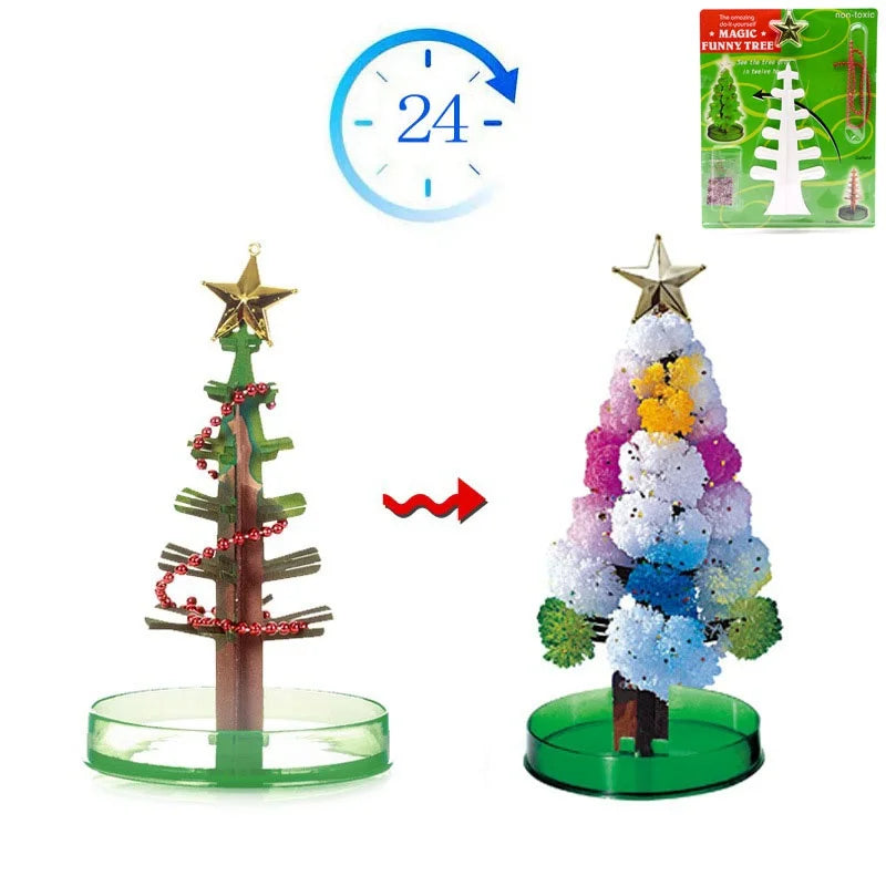 A crystal growing tree science kit featuring a decorative Christmas tree and a clock face.