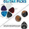A set of seven guitar picks in various colors and a holder for guitar picks.