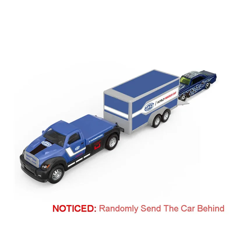 A blue die-cast container trailer truck set with a pull-back action, featuring a cargo box and cab.