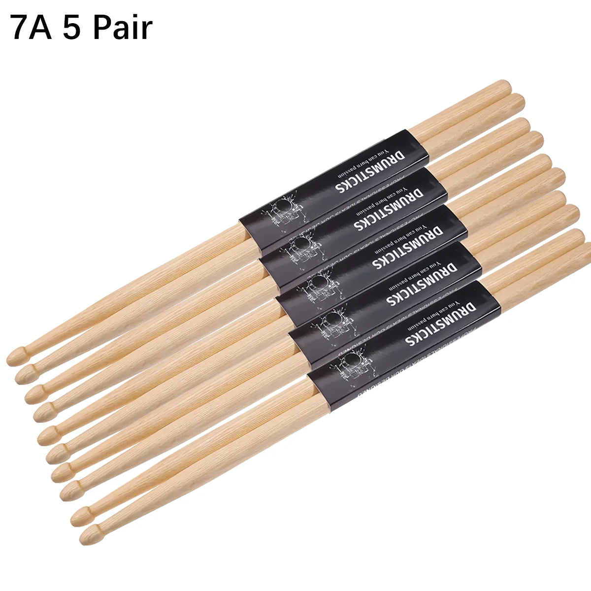 A bundle of five 7A drumsticks with black grips and light wood shafts.