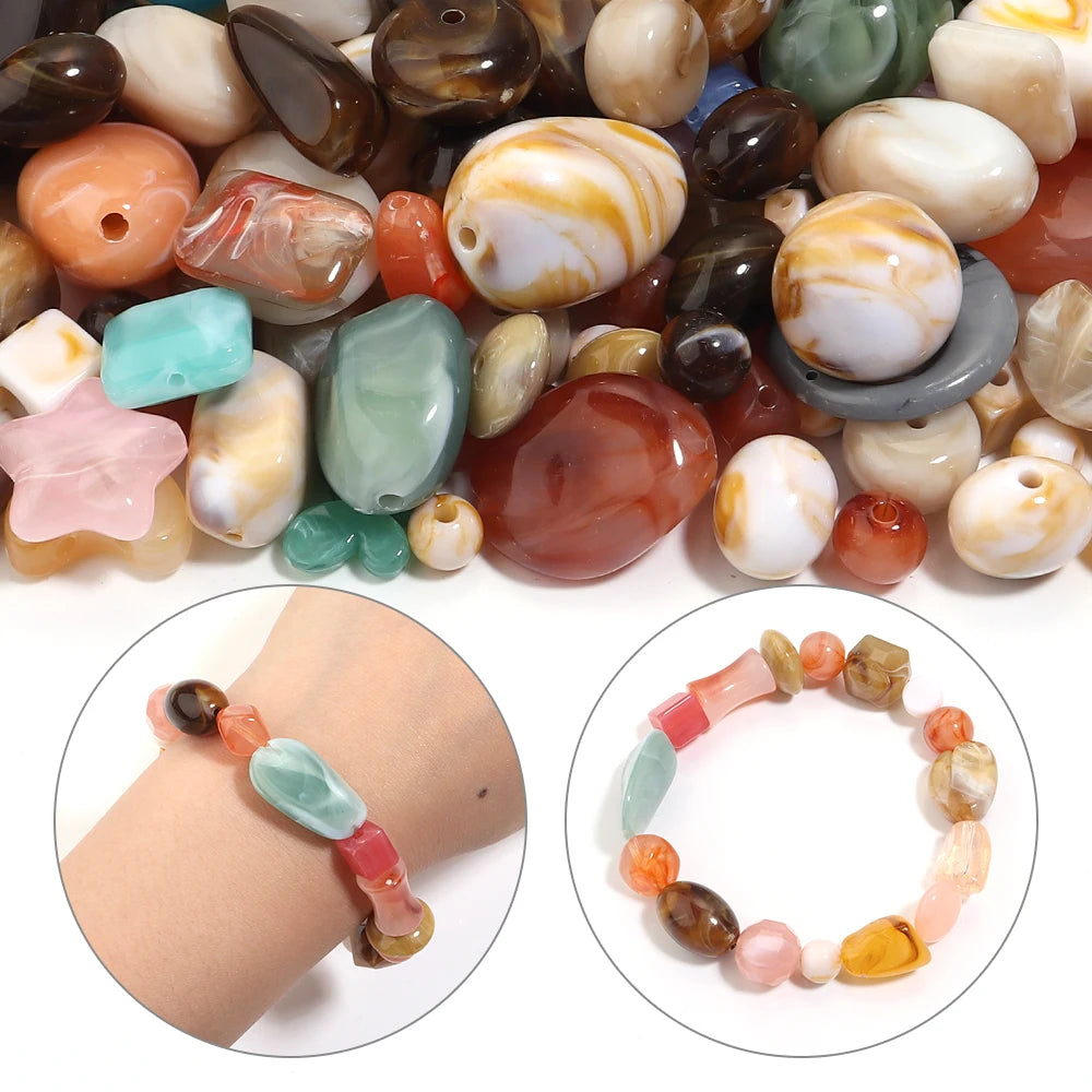 A collection of colorful acrylic beads in various shapes and colors for jewelry making