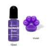 A purple liquid pigment bottle labeled Violet with a black cap and a purple paw print design.