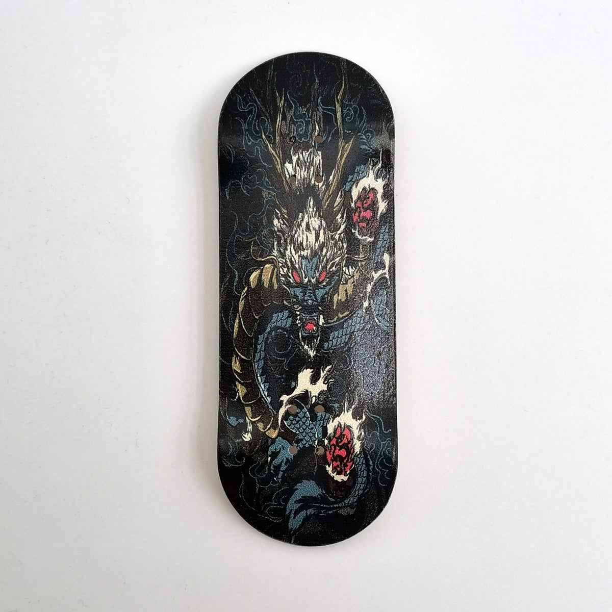 A black wooden fingerboard deck featuring a UV-printed graphic of a fierce dragon head.