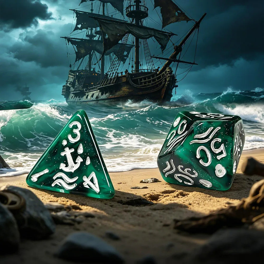 A set of seven green resin polyhedral dice resting on a sandy beach with a pirate ship in the stormy sea background.