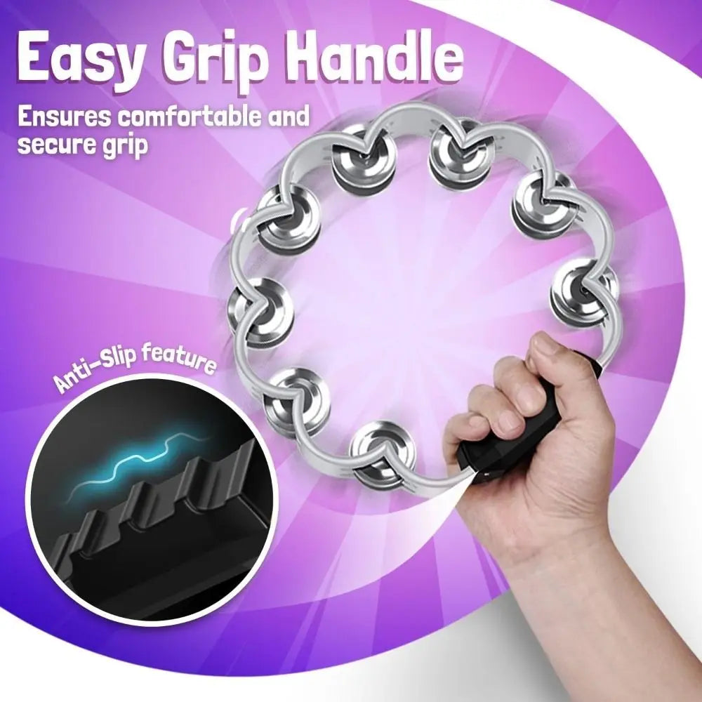 A hand holding a silver petal-shaped hand-cranked tambourine with an ergonomic anti-slip grip.